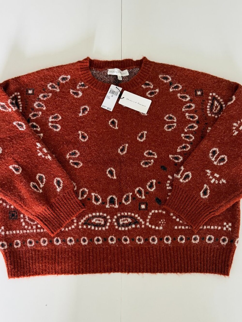 Chelsea Theodore Wms Bandana Print Paisley Crew Sweater Western Americana L NWT